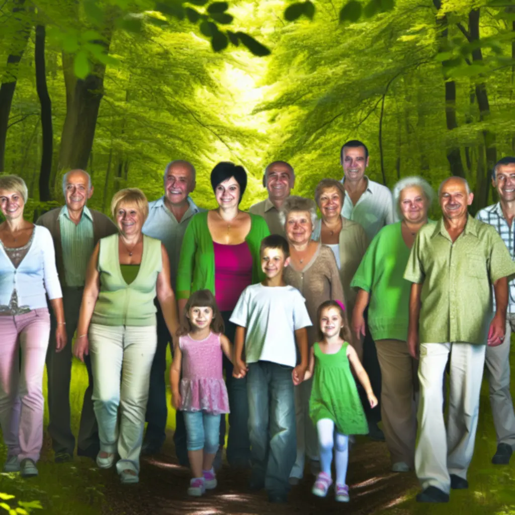 Magyar család természetben sétál, fenntartható szabadtéri program keretében