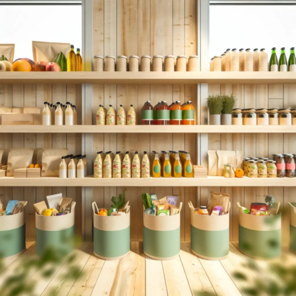 Bio és öko termékek rendezett polcon, természetes csomagolással